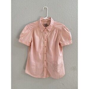 Pink Embroidered Floral Print Button Up Blouse Short Sleeve Top Y2K
